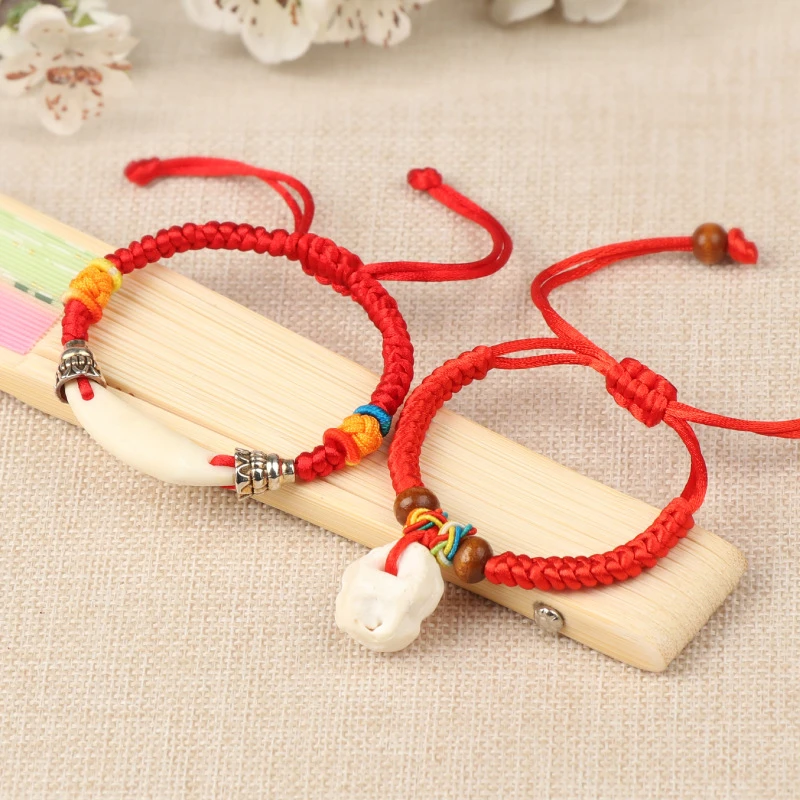 非金属布艺手链 端午节儿童纯手工红绳桃胡狗牙编织手绳新生儿