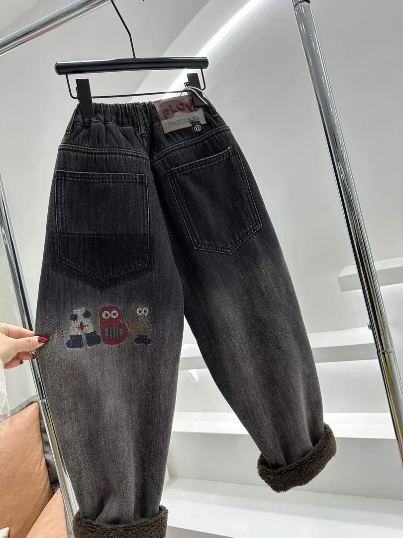 1040款，牛仔加绒裤儿童韩版加绒黑色潮流百搭中大童