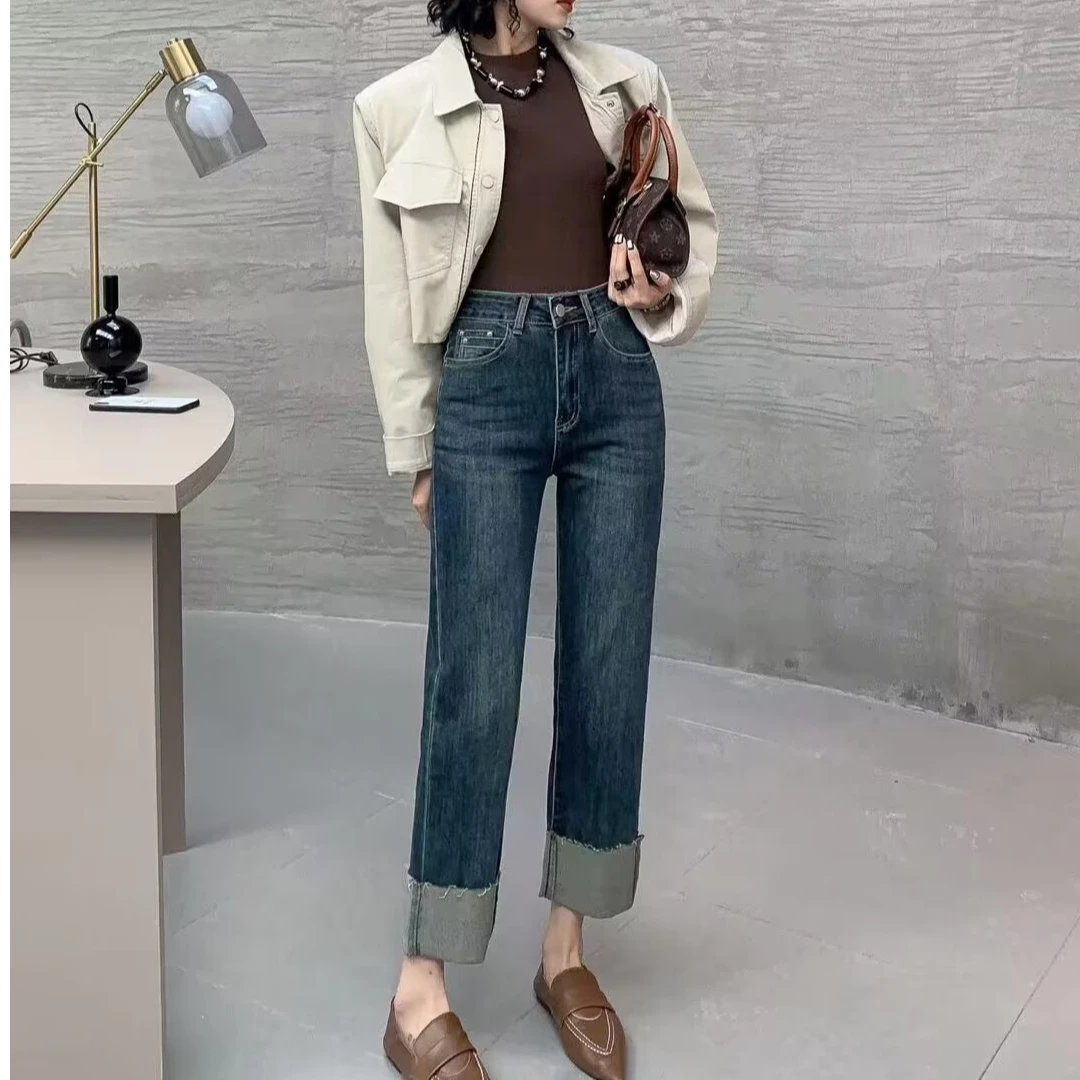 大码早秋新款直筒卷边牛仔裤3096