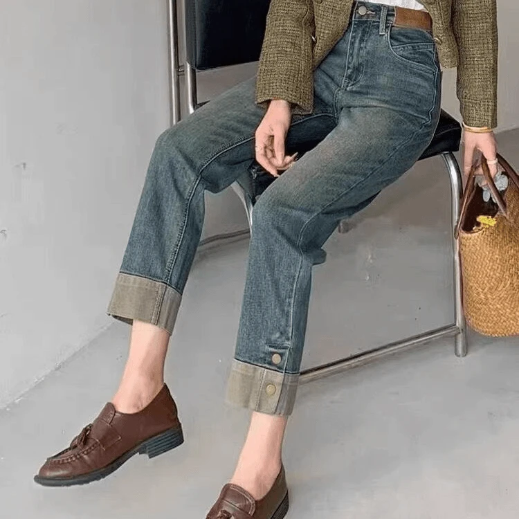 大码春高腰显瘦复古卷边牛仔直筒百搭弹力百搭烟管裤