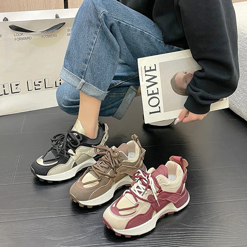 阿甘鞋女2023秋冬新款休闲百搭厚底真皮老爹鞋ins复古拼色华夫鞋