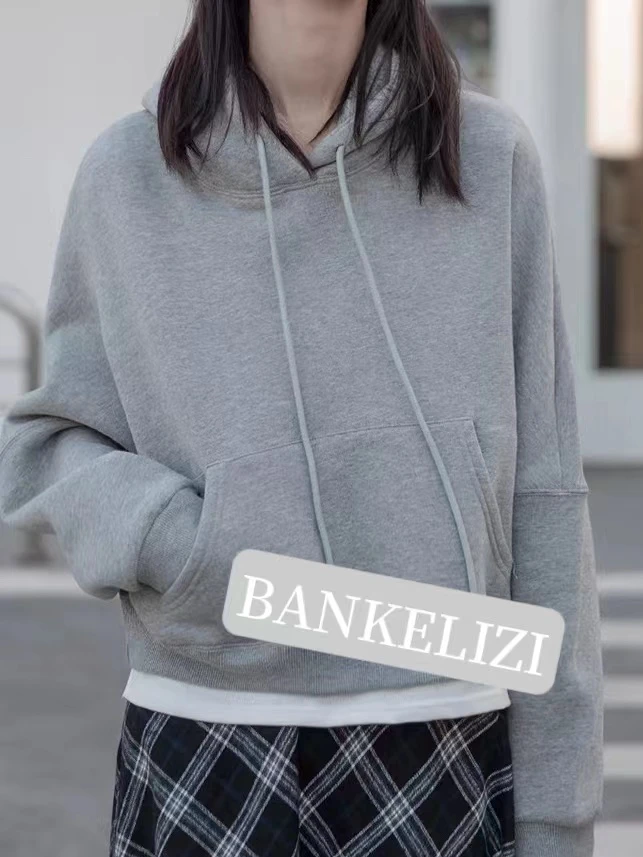 秋冬极简风灰色加绒连帽卫衣（小个子定制）百搭休闲带帽