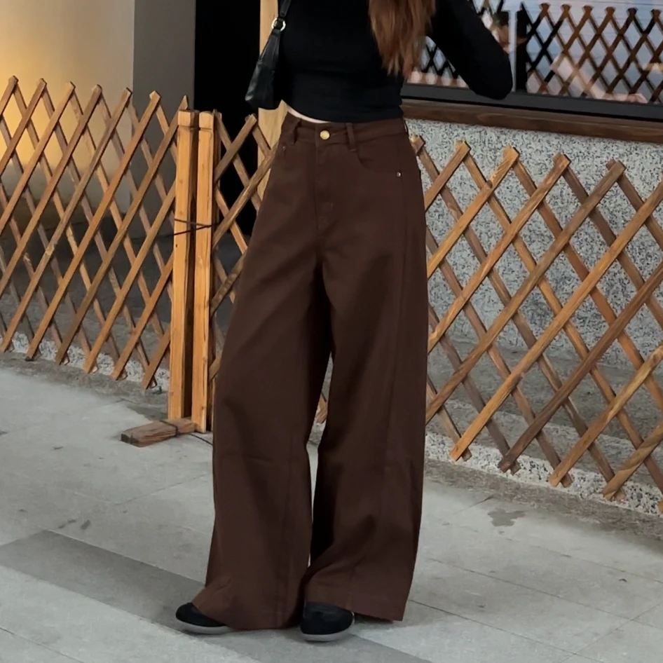 秋季咖色系定染复古立体裁剪高腰显瘦阔腿裤（小个子定制）