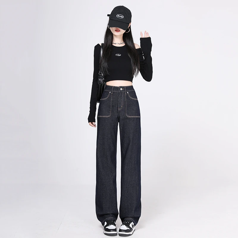 【三本针防掉色】秋冬新款加厚中高腰窄版直筒牛仔裤女显瘦阔腿裤女