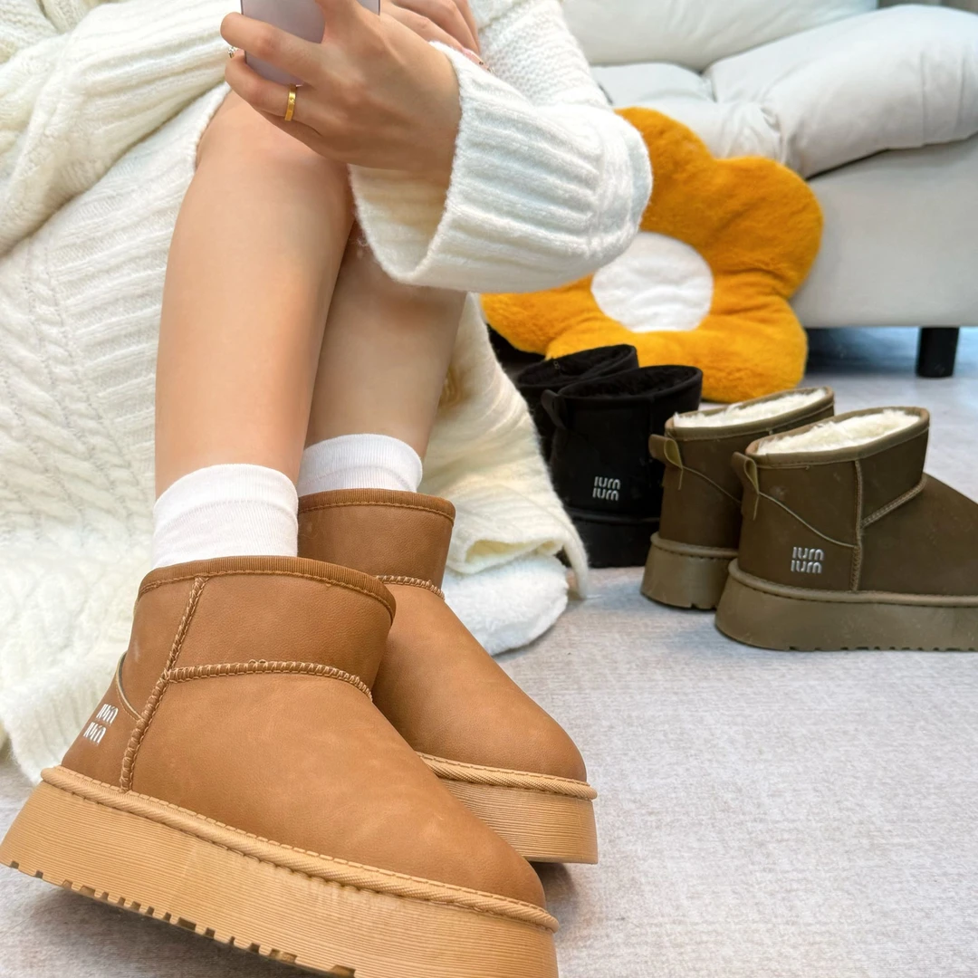 【现货】皮面防水雪地靴女百搭加绒加厚增高保暖厚底短筒面包棉鞋