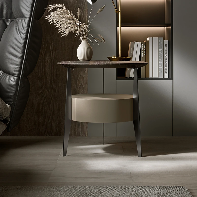 广巢意式极简轻奢小圆形床头柜高脚设计卧室床边柜客厅边几收纳柜