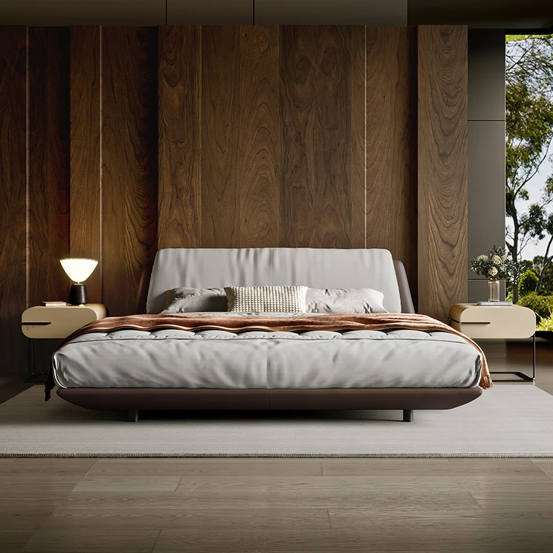 广巢 意式极简真皮床头层牛皮主卧大床轻奢现代悬浮床1.8米双人床