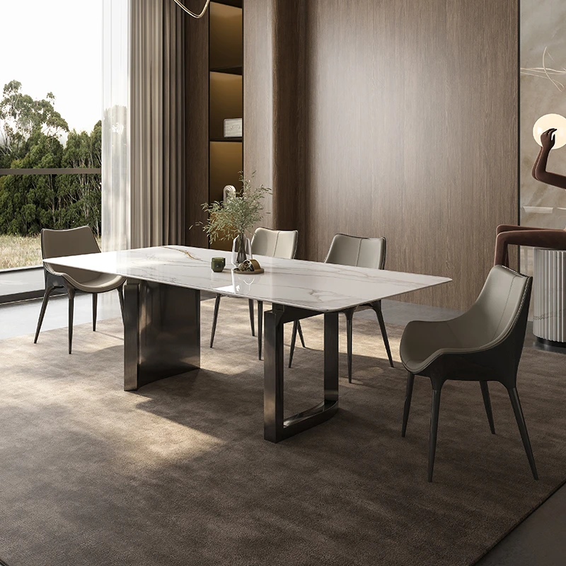 意式极简大理石餐桌大小户型轻奢简约高端长方形不锈钢饭桌