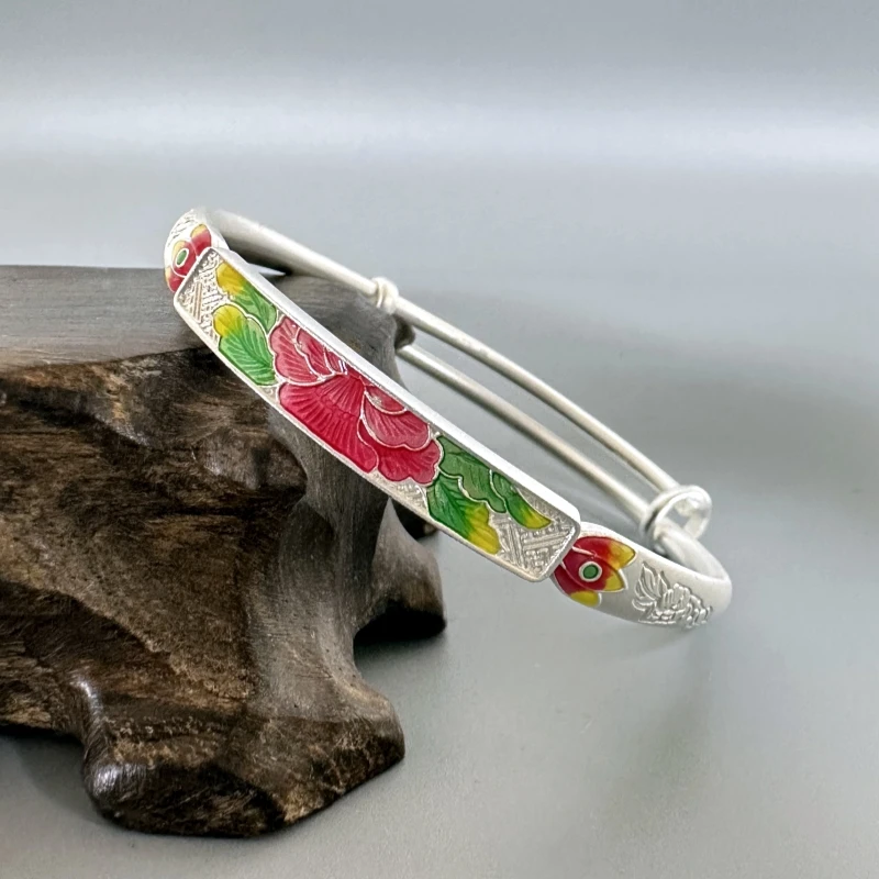足银珐琅手镯 足银9999牡丹珐琅推拉手镯民族风精美烧蓝