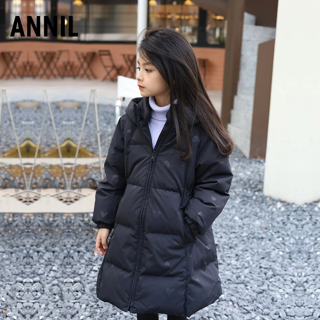 安奈儿童装女童长款羽绒服2023冬装新款大童儿童洋气连帽加厚外套