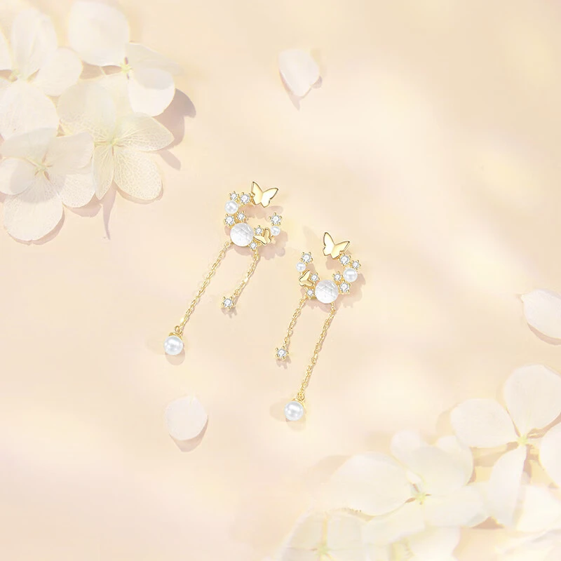 FARCOKO/法蔻 925银耳饰 蝴蝶耳钉女款流苏气质耳饰520礼物送女友