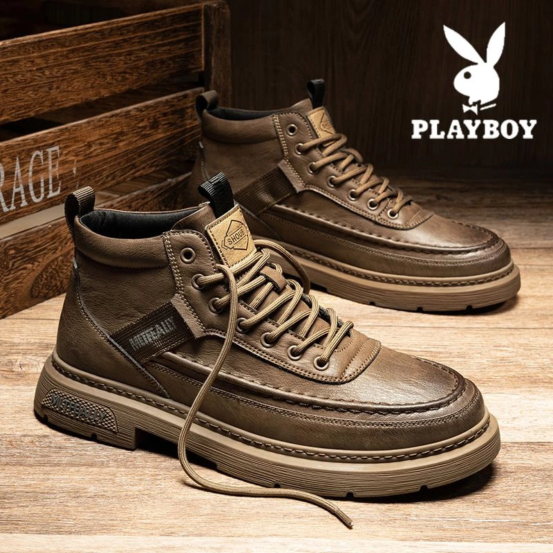 PLAYBOY男士春季新款马丁靴子潮流英伦皮靴休闲百搭高帮工装鞋