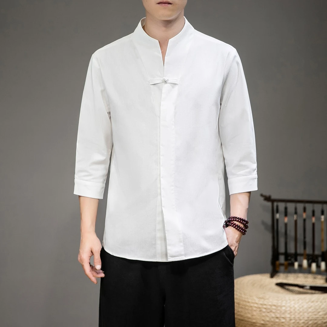 夏季中国风亚麻七分袖衬衫男士中式盘扣唐装汉服禅服棉麻短袖上衣