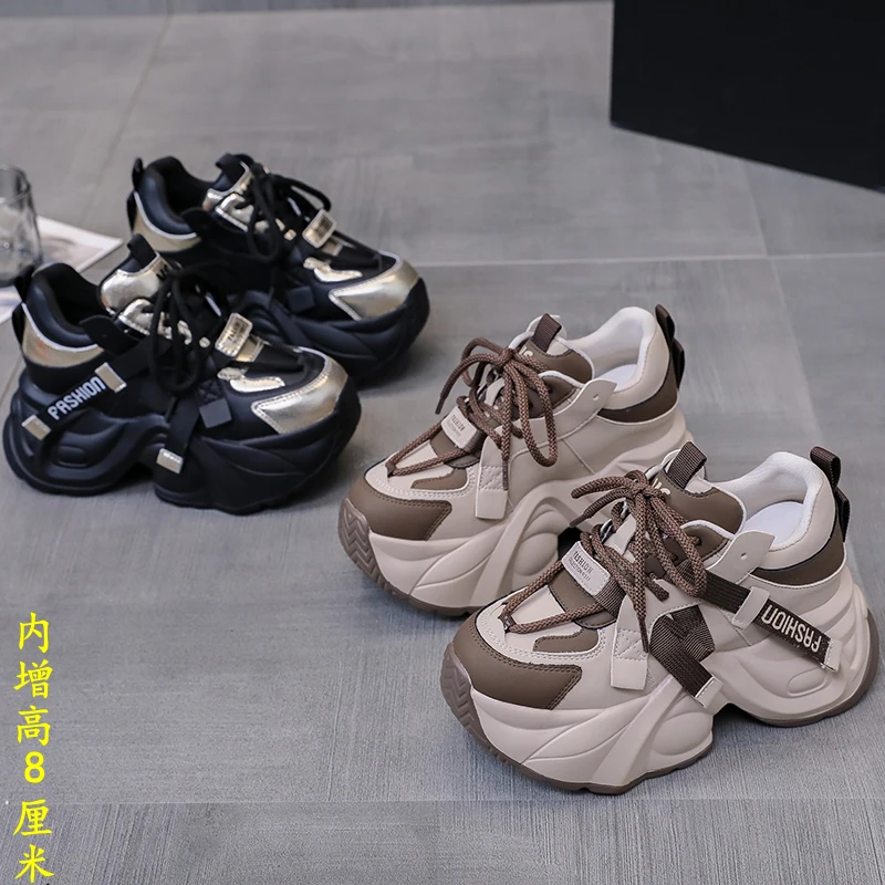 厚底内增高老爹鞋女2023年秋冬新款加绒松糕鞋小个子休闲运动鞋子