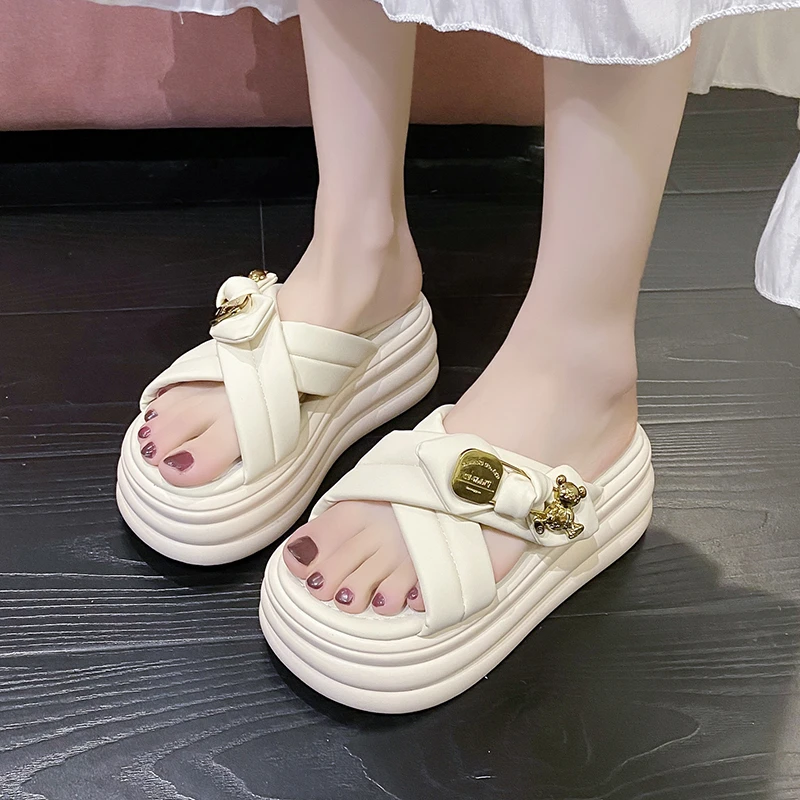 仙女风厚底交叉拖鞋女2024新款夏外穿网红松糕增高防滑沙滩凉拖鞋