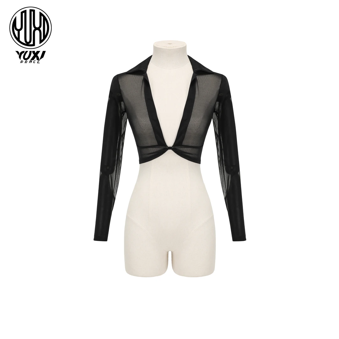 透视翻领上衣性感黑色镂空练功服拉丁舞舞服修身显瘦长袖气质短款