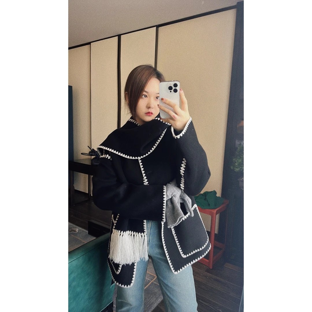 OSENSO”念念不忘“围巾流苏手缝三角边中长款羊毛大衣DY092205