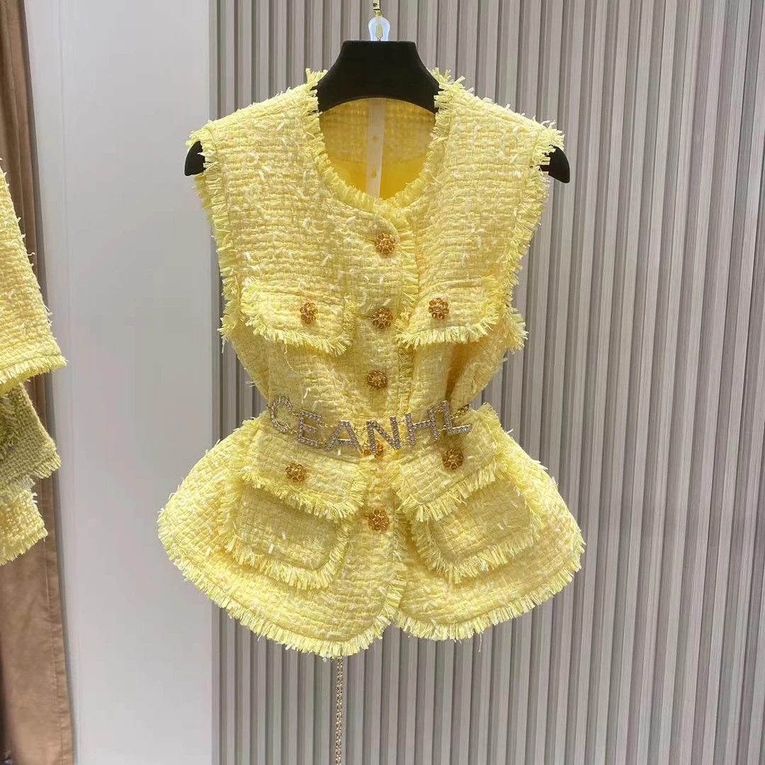 重工明亮黄2024新款时尚气质款小香风外套颗粒绒轻奢粗花呢