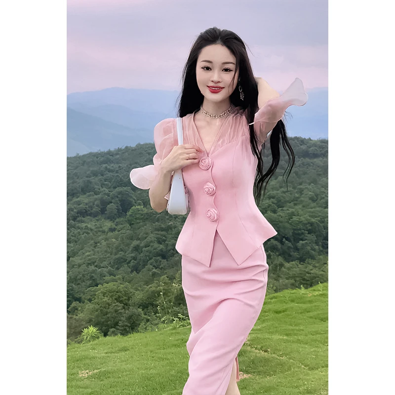 格润雅气质两件套女装2024年夏季新款拼接收腰上衣显瘦包臀裙套装