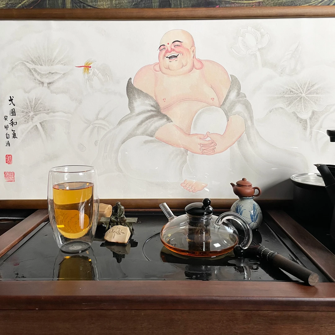 精品弥勒佛弍团和气水墨手绘带框95*50cm精装裱玄关茶室书房挂画