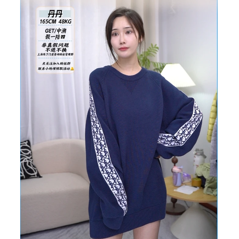 亿颗潮奢 99新 丹丹 迪奥蓝色提花休闲宽松长袖针织毛衣L E00130