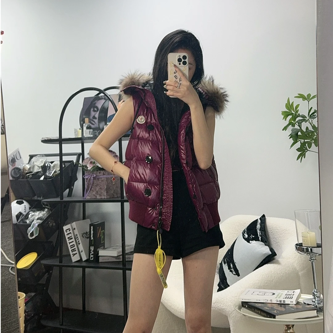 全新未使用 亿颗潮奢 蒙口紫色横条纹连帽羽绒马甲 1码 CB146