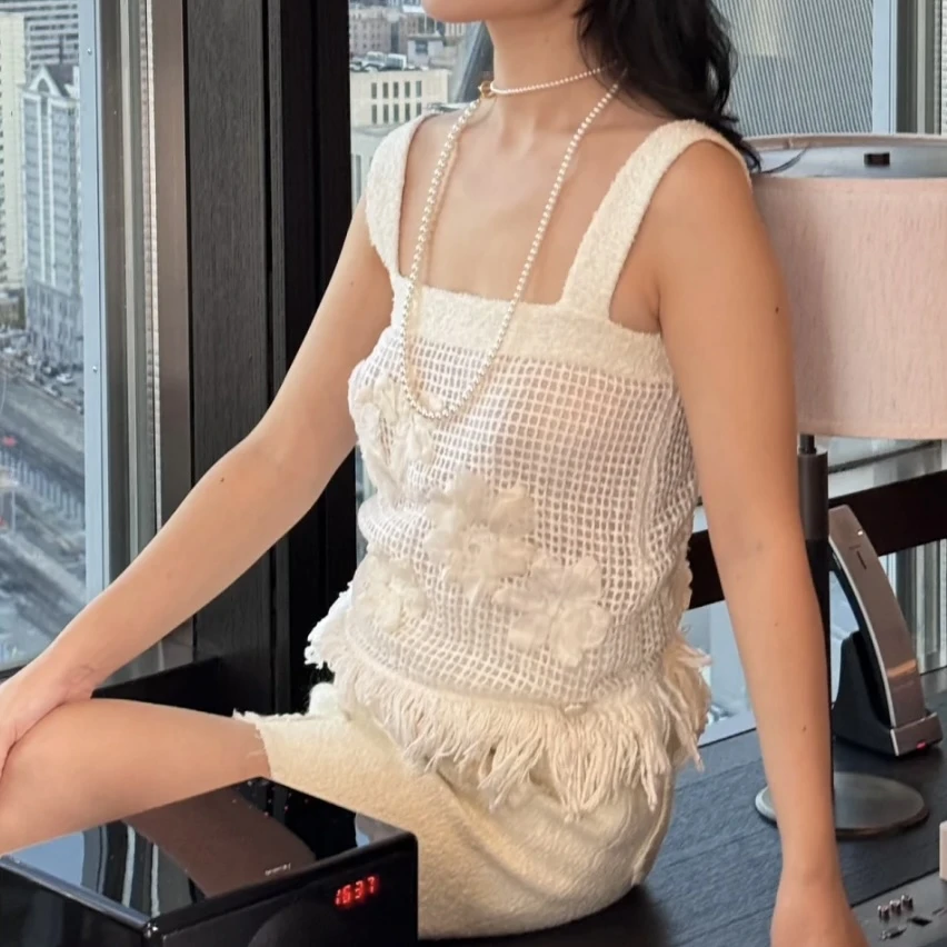 全新未使用亿颗潮奢 香奈儿 白色 花朵流苏 半身裙 34码 M136