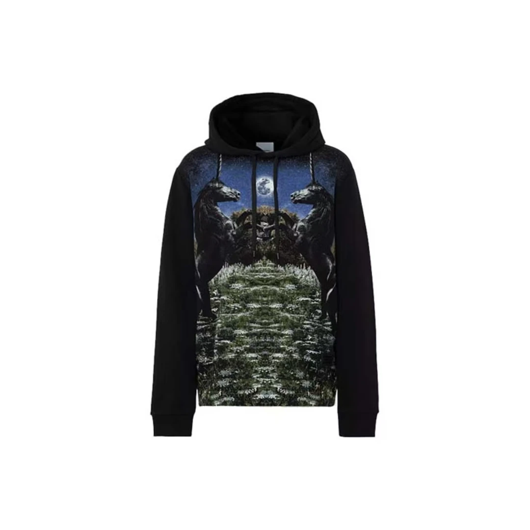 亿颗潮奢 99新 巴宝莉 绿地印花图案连帽套头黑色卫衣 M码 D496