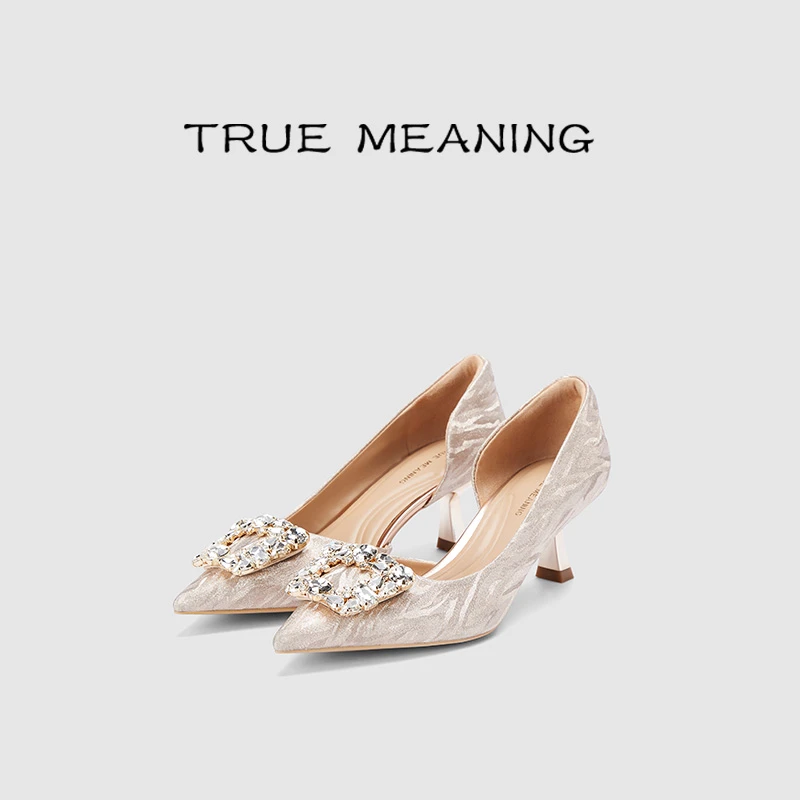 True Meaning法师气质华丽水晶尖头时尚侧空浅口尖头细跟鞋高跟鞋