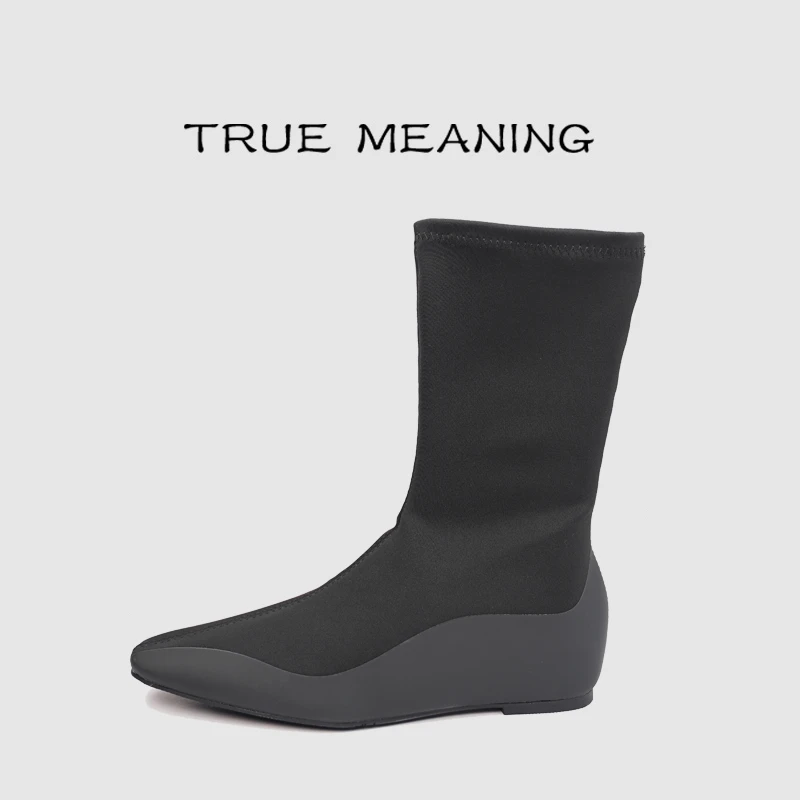 True Meaning秋季新款弹力瘦瘦靴内增高短靴方头拼接袜靴女简约