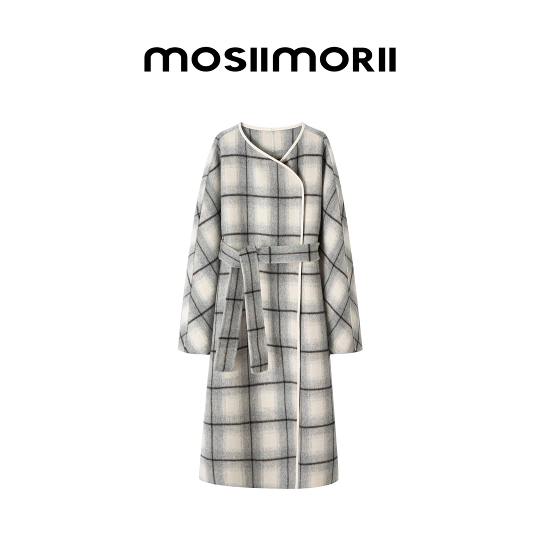 【掠影浮光】女士轻奢经典时尚绵羊毛格纹腰带秋冬中长款气质外套