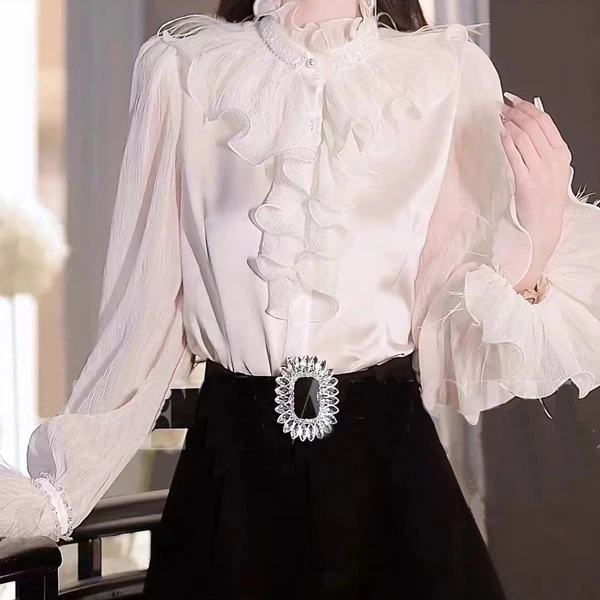 春秋天独特漂亮法式小众荷叶边立领长袖衬衫女羽毛拼接喇叭袖上衣