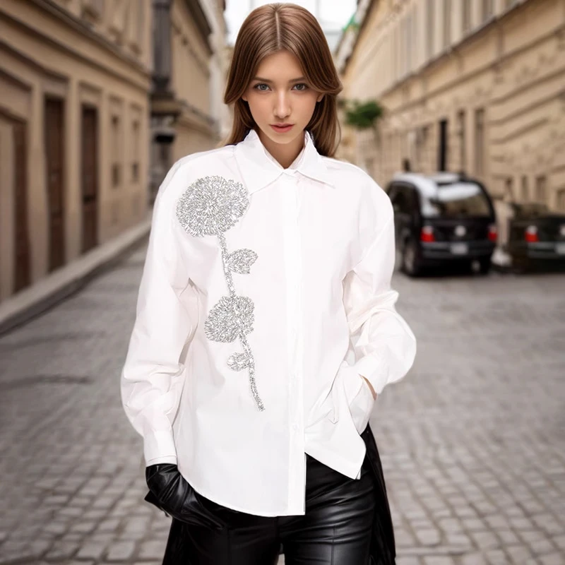 网红同款2025春季新款水钻拼接刺绣花朵装饰polo领衬衫女长袖衬衣
