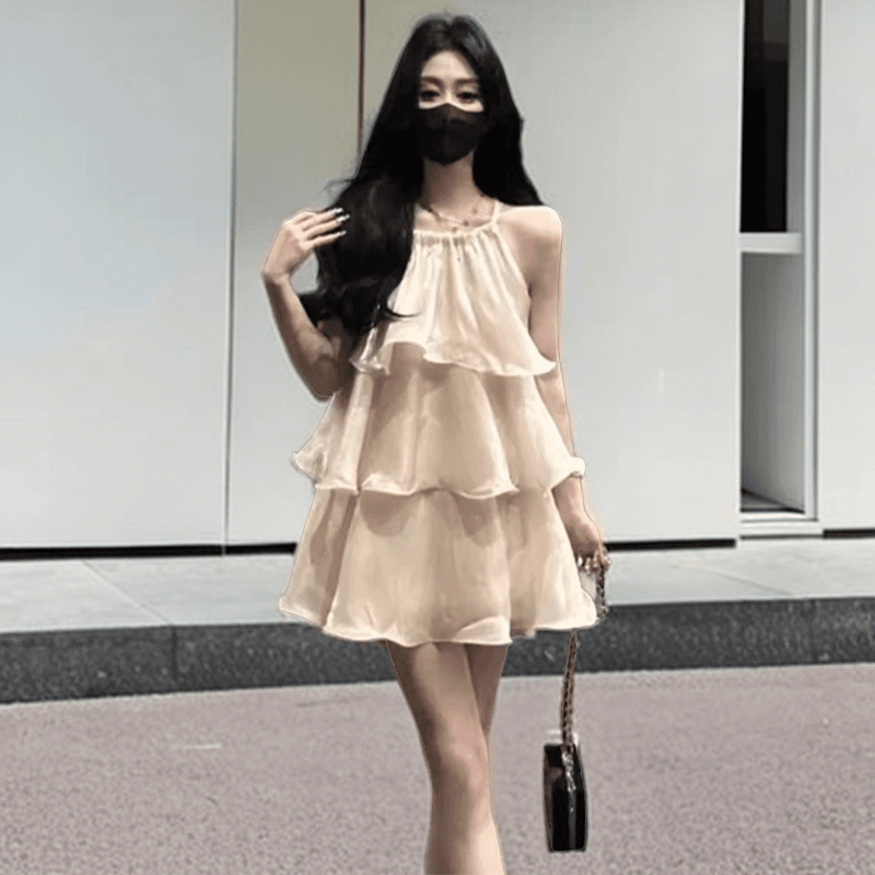 2024夏装新品女装复古港味温柔风蛋糕短裙荷叶边吊带挂脖连衣裙女