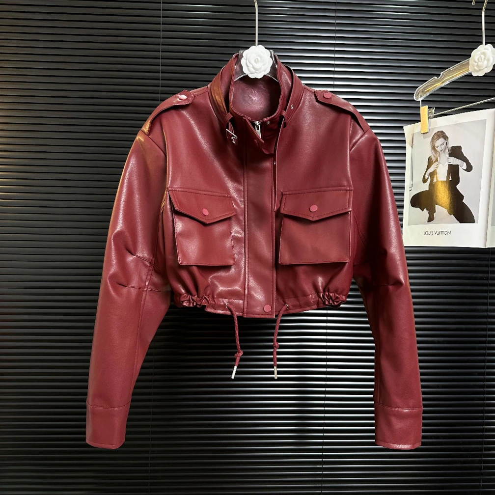 酒红色PU皮衣外套网红同款欧货设计感帅气春季立领大口袋工装夹克