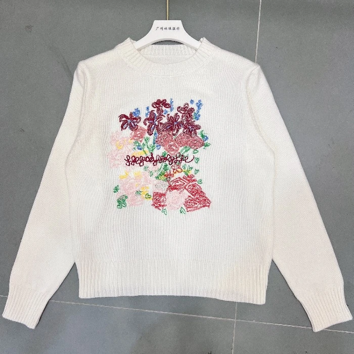 网红同款2025秋冬新款复古彩色刺绣花朵长袖针织衫女圆领套头毛衣