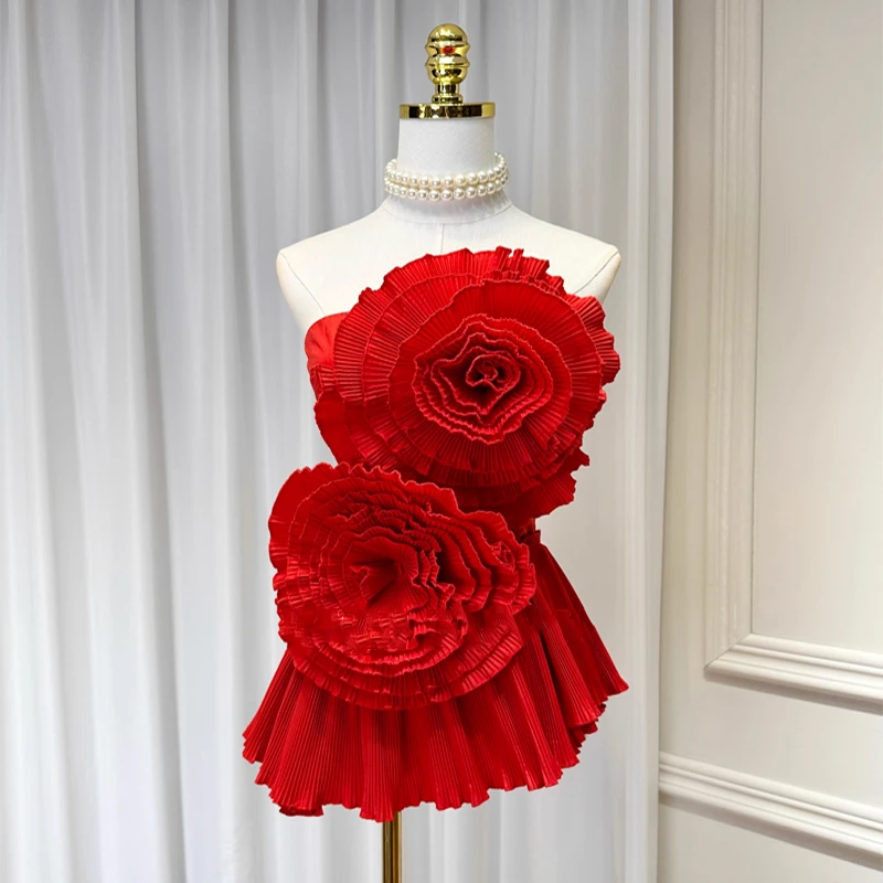 原创高端2025夏季立体层层大花朵抹胸收腰A字百褶中长款无袖上衣