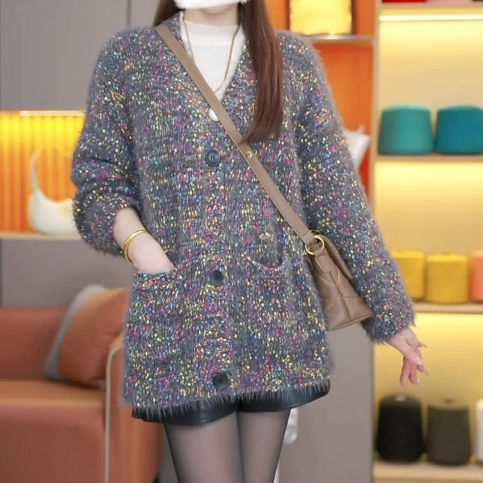 网红同款2025秋冬新款复古彩色花线针织开衫V领长袖宽松毛衣外套