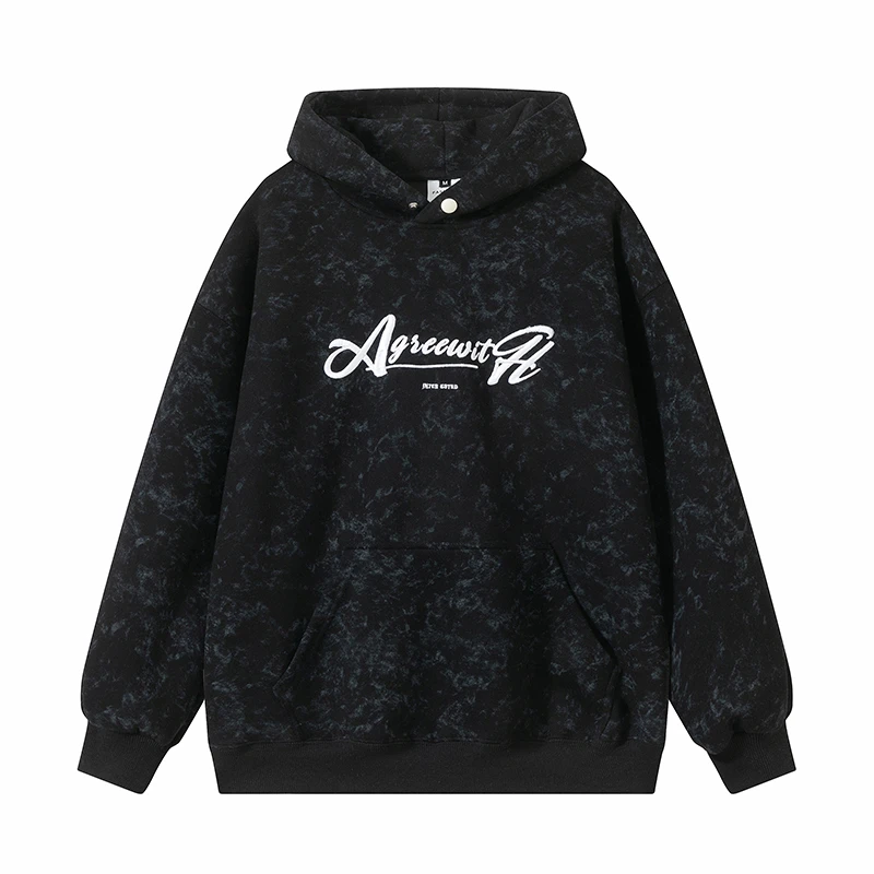 春秋新款美式重磅字母刺绣套头连帽卫衣男宽松扎染潮牌薄款上衣服