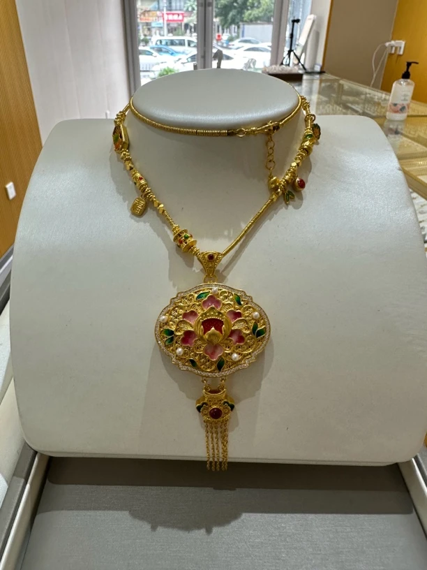 足金镶嵌花丝锁包套链