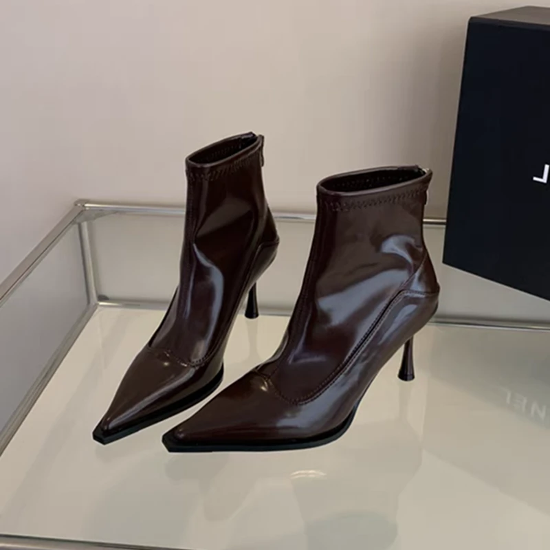 高跟短靴女2024秋冬新款韩系百搭尖头踝靴瘦瘦靴法式复古棕色短靴