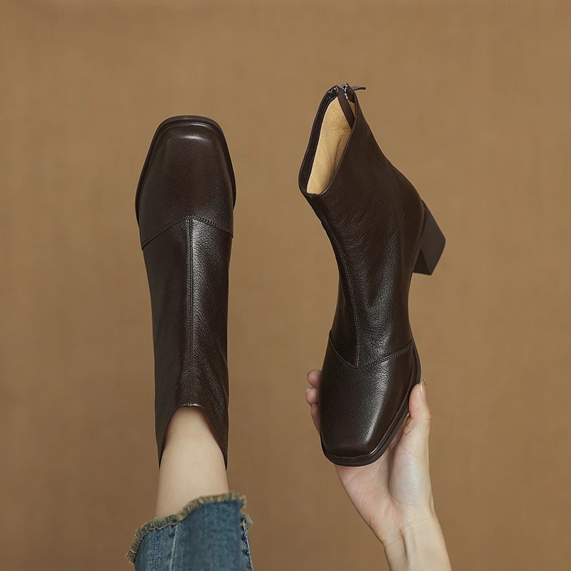 5cm[34-40]复古棕色短靴女秋冬新款英伦风真皮粗跟高跟显瘦马丁靴