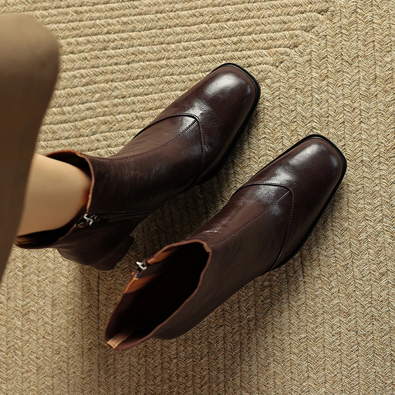 6cm[33-40]羊皮复古棕色方头短靴女秋冬季单靴高跟粗跟百搭瘦瘦靴