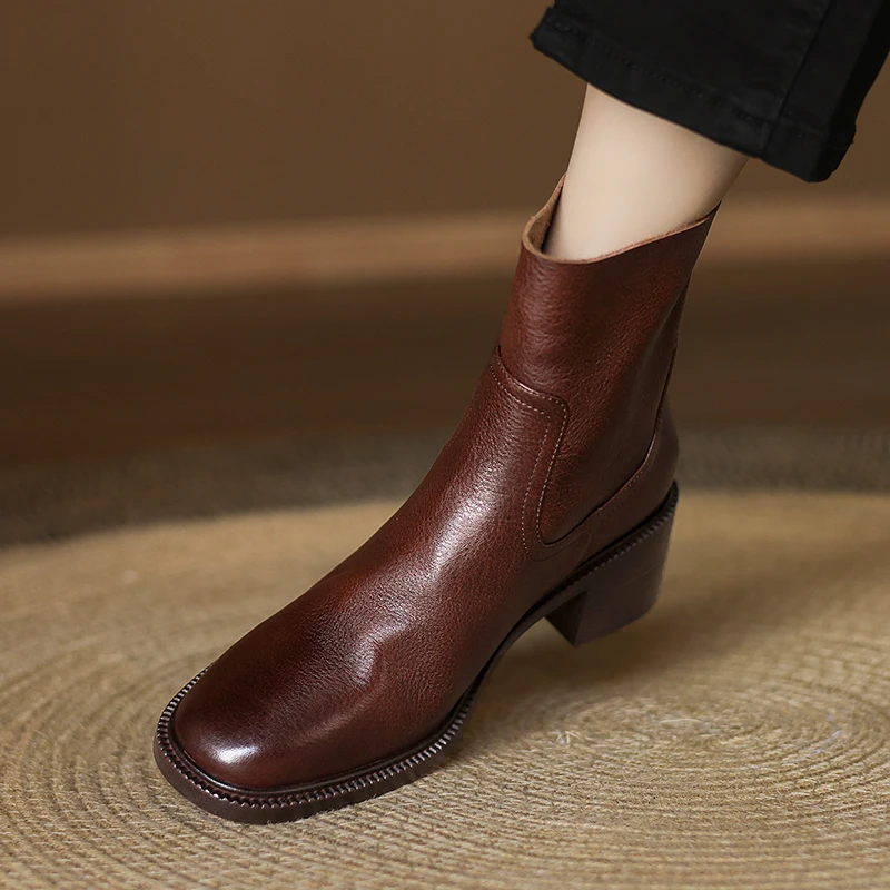 5cm[34-40]新款真皮粗跟短靴女秋冬季复古马丁靴英伦风高跟瘦瘦靴
