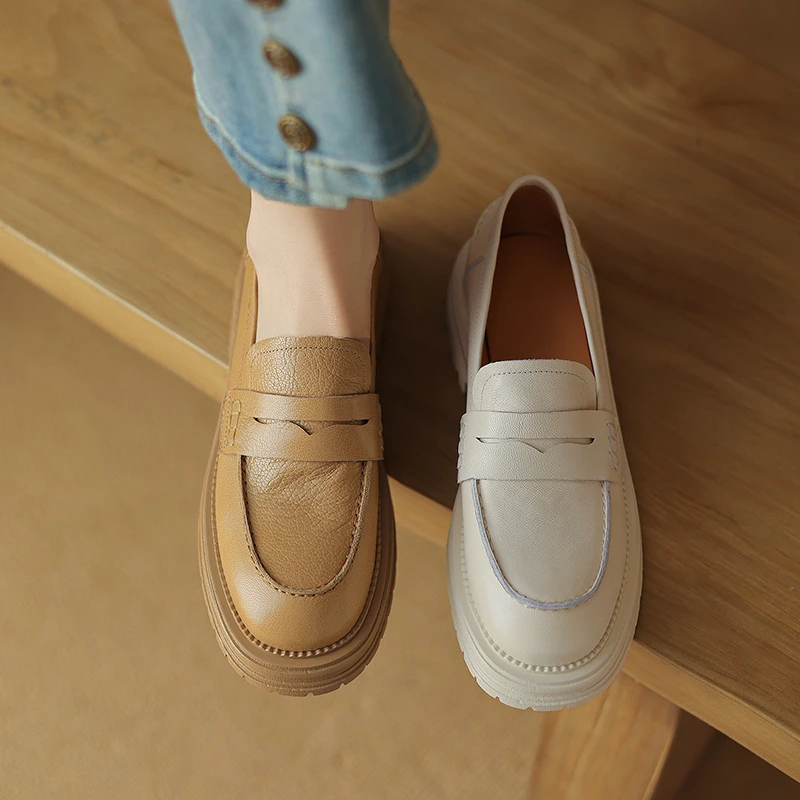 3.5cm【34-41】2024年新款春圆头真皮厚底乐福鞋女粗跟英伦风懒人鞋