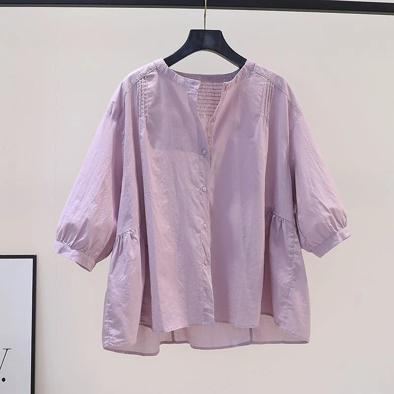 浅紫色薄款棉衬衫女圆领7分袖宽松衬衣2025夏季复古文风艺范上衣