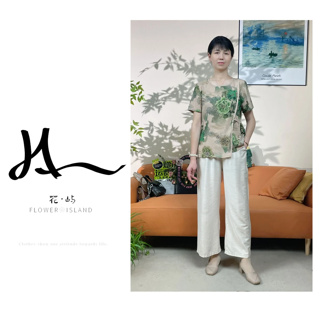 2024年新款夏季气质遮肉显瘦中式提花透气小衫复古宽松妈妈装