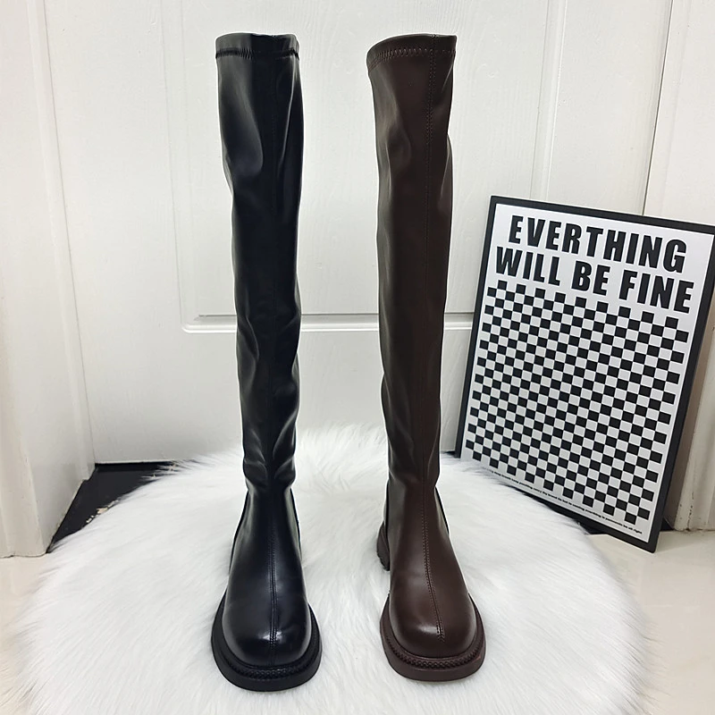 过膝靴女平底圆头女神范骑士靴2025冬季新款后拉链弹力瘦瘦靴长靴