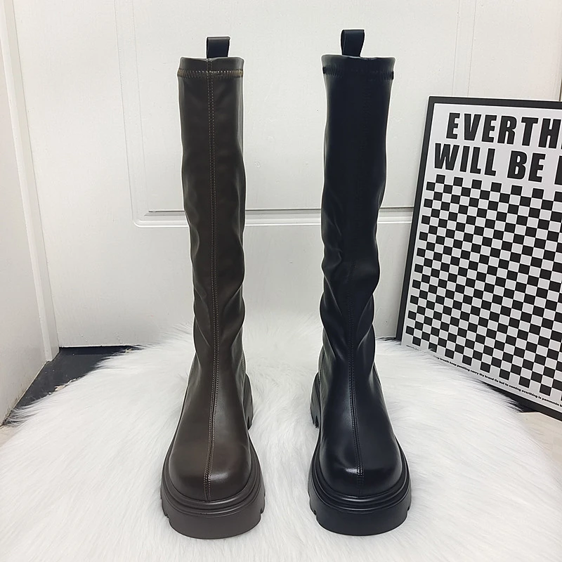 长筒靴女2025年新款秋冬加绒厚底增高不过膝高跟小个子骑士瘦瘦靴