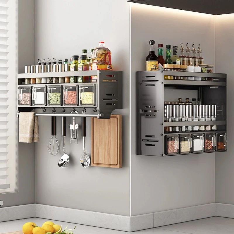 厨房置物架壁挂式调味品罐家用厨房收纳免打孔多功能调料盒置物架